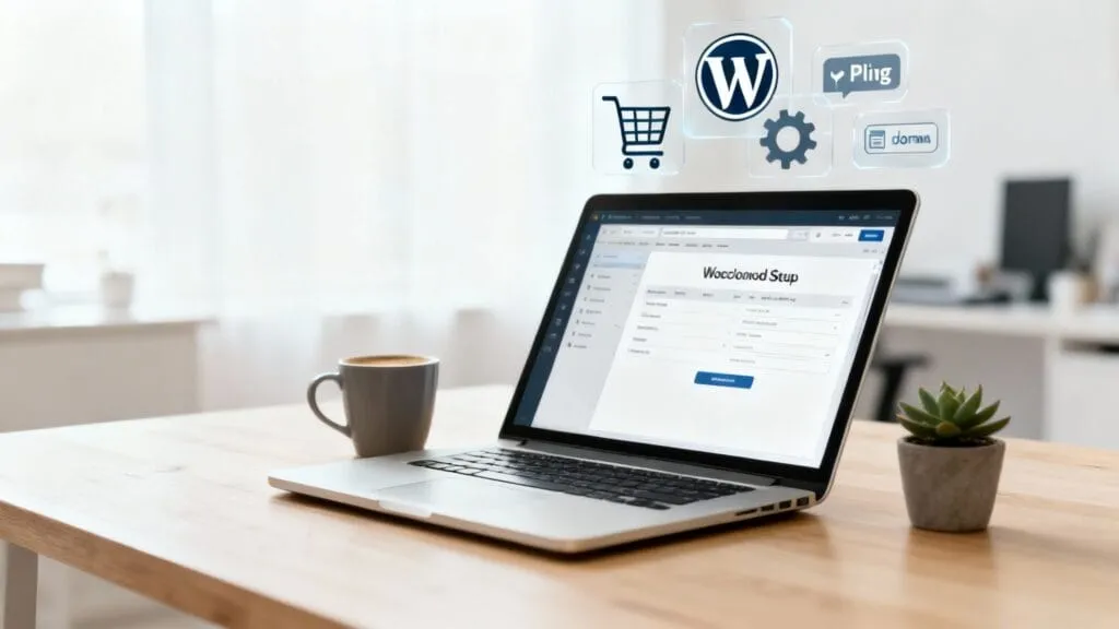WooCommerce Setup cu WordPress, Pling, Dorma și icoane de e-commerce pe laptop într-un birou modern