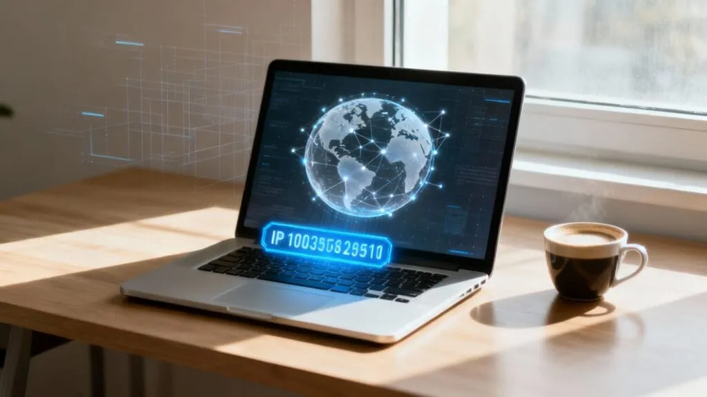 Laptop cu glob digital luminat și adresă IP pe birou lângă cafea și fereastră
