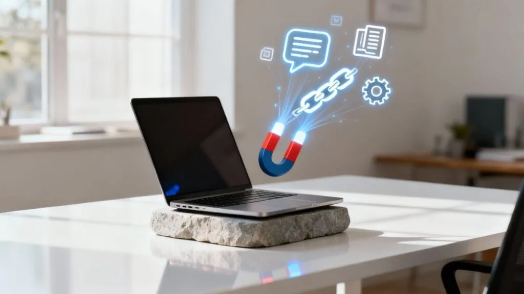Laptop pe birou cu magnet digital atragand simboluri SEO: mesaje, documente, lant, roti, ilustrand optimizarea continutului web si conectivitate