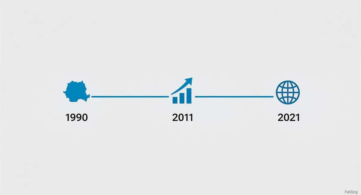 Infografic privind dezvoltarea internetului în România, care prezintă punctele cheie din 1990, 2011 și 2021.