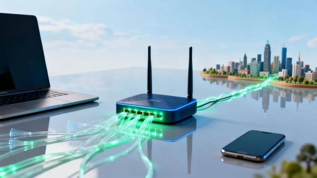 Router WiFi cu antene conectând laptop și smartphone, cu efecte luminoase verzi și cityscape în fundal