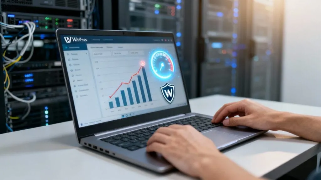 Dashboard Witness cu grafice analytics, speedometer și shield de securitate în server room
