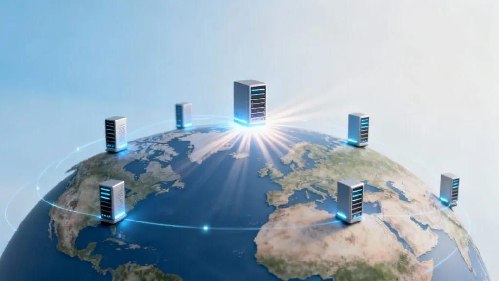 Servere globale conectate în rețea cu unde de lumină albastră pe glob, ilustrând infrastructura IT și cloud computing internațional