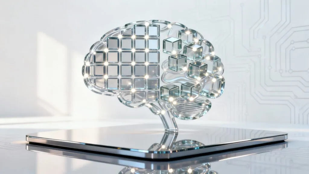 Creier din sticlă cu cuburi luminoase și cipuri pe tableta digitală, reprezentând inteligența artificială și tehnologia digitală