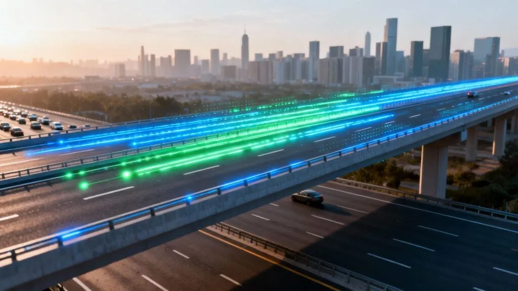 Autostradă futuristă cu benzi LED iluminate în albastru și verde, trafic dens, peisaj urban în fundal la apus