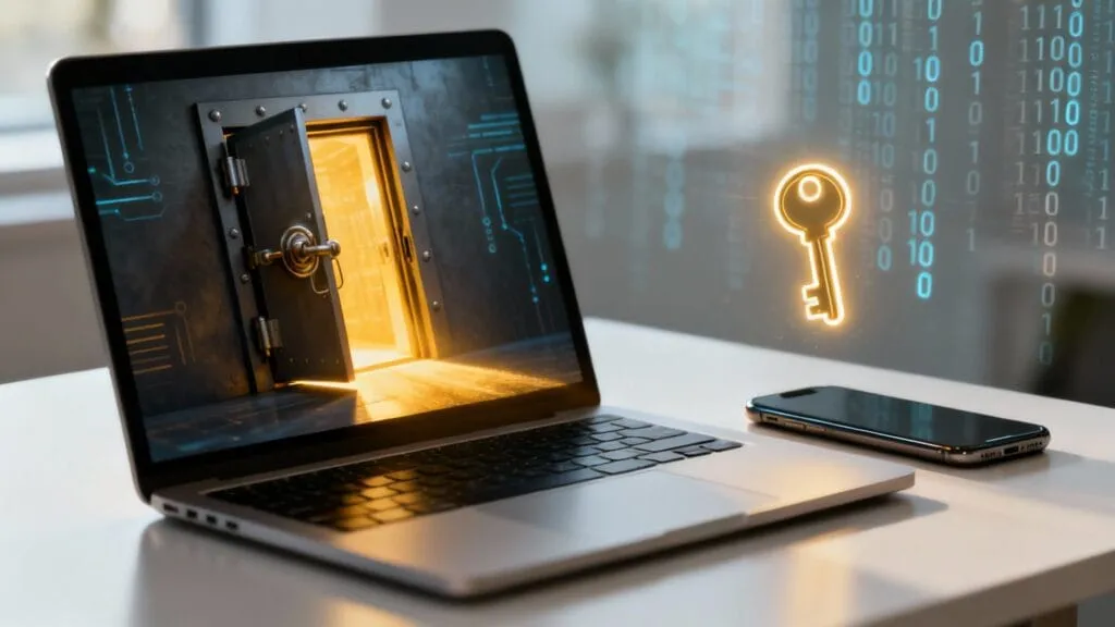 Laptop cu ușă deschisă și cheie de aur neon, reprezentând securitate digitală și acces la date protejate