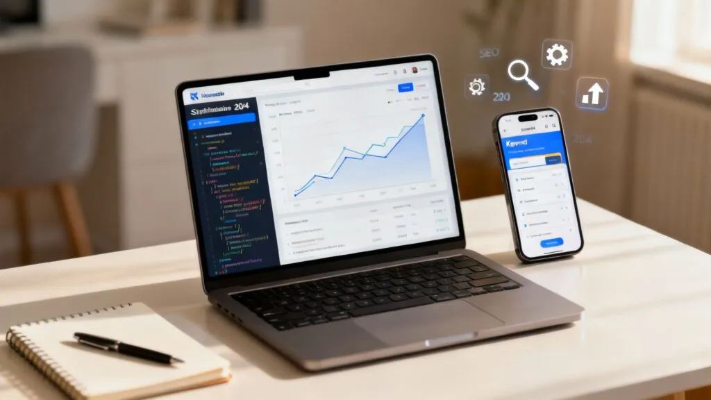 Analiză SEO și statistici pe laptop și smartphone, cu grafice de creștere și cod pe ecran