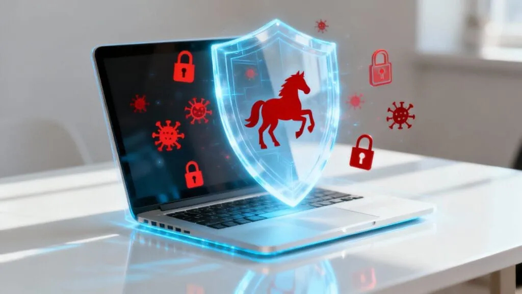 Laptop cu scăpări de viruși și scăpări de date, protejat de un scut digital cu cal troian și lacăt roșu
