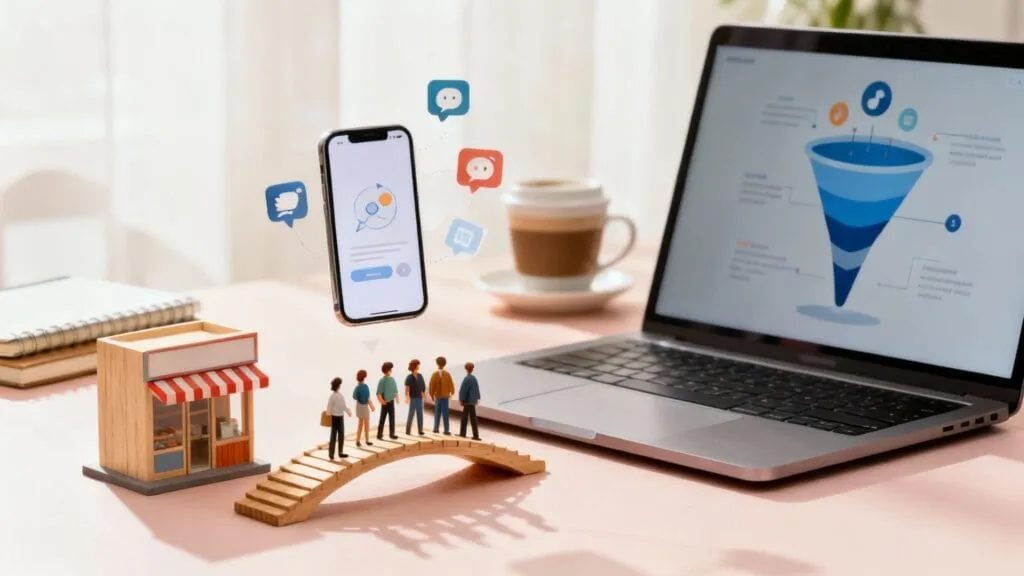 Strategie digital marketing cu smartphone, laptop, analiză date și clienți conectați online