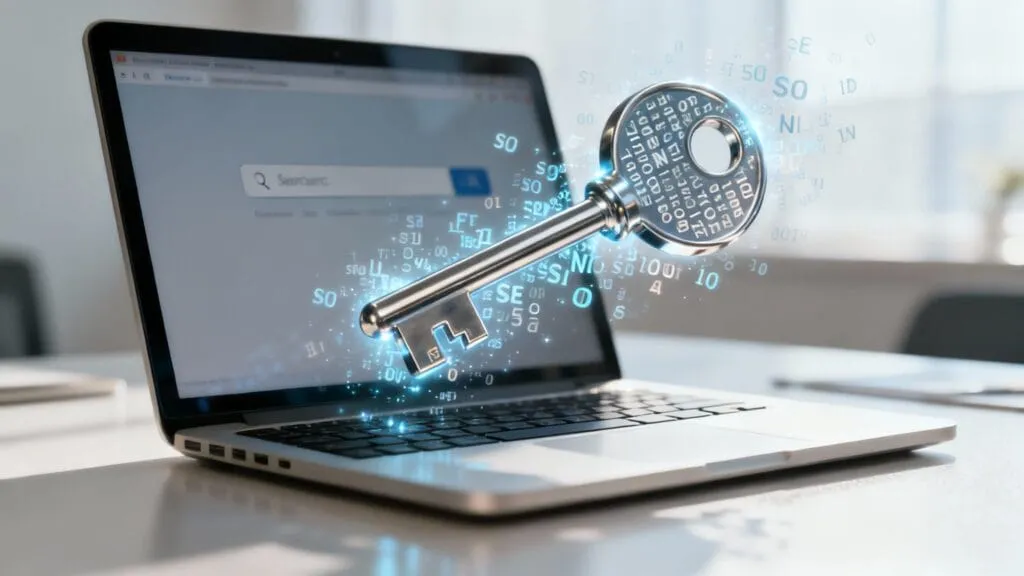 Cheie digitală cu cod binar pe laptop, simbolizând securitatea online și accesul la date protejate în era digitală