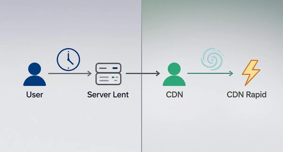 Diagramă flux de date de la utilizator prin server lent, CDN și CDN Rapid