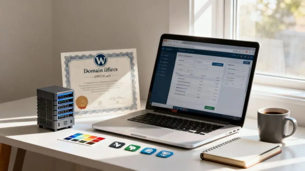 Birou modern cu laptop, certificat Domain Inflects, server, paletă de culori, iconițe aplicații, cană de cafea și notebook