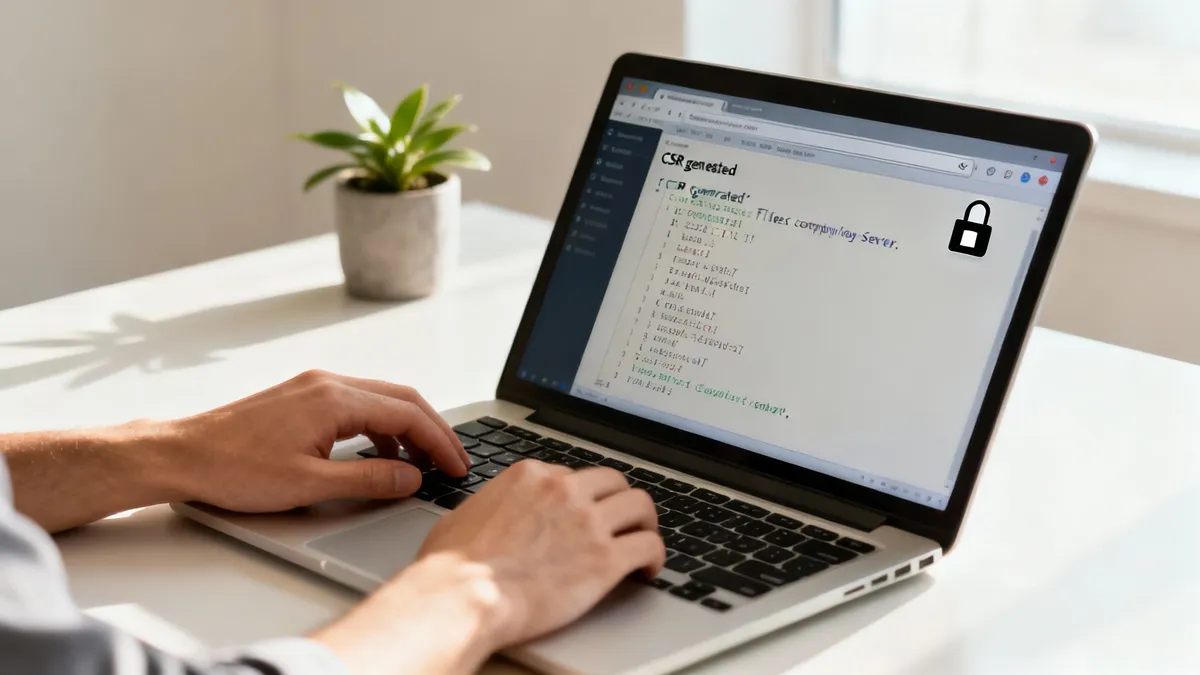 Persoană generând certificate SSL pe laptop, lucru la securitatea serverului web