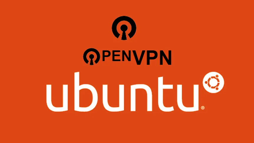 Logo OpenVPN și Ubuntu pe fundal roșu, reprezentând serviciile de VPN și sistemul de operare Linux
