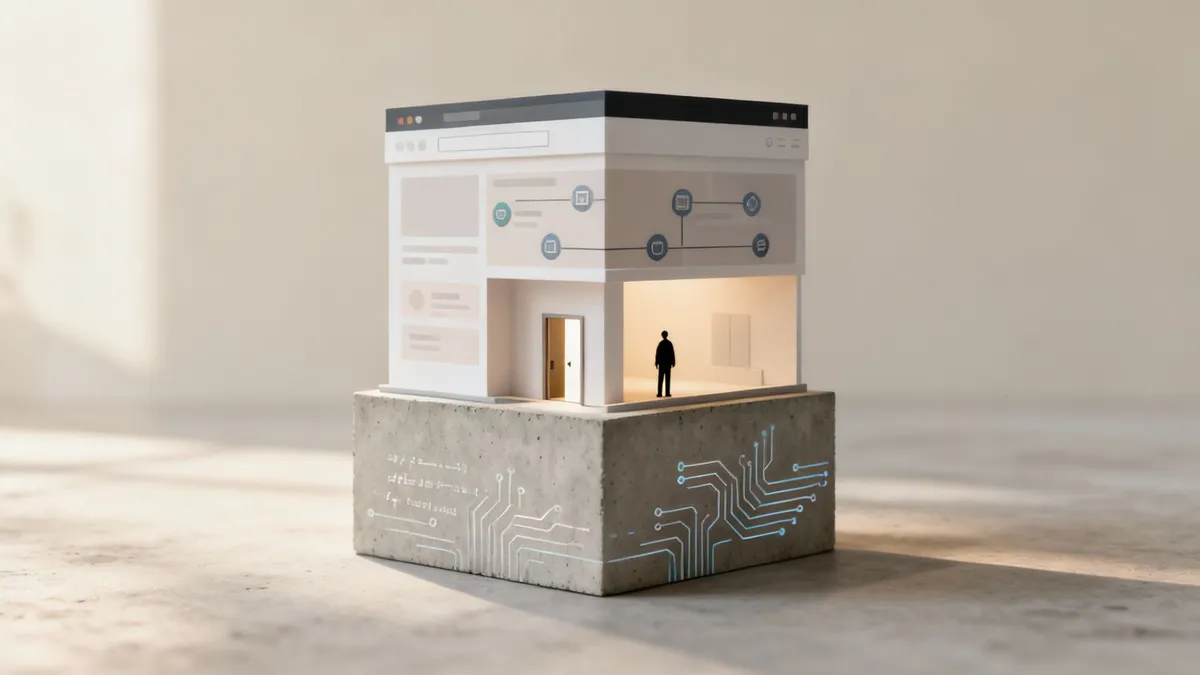 Model conceptual al infrastructurii tehnice SEO cu interfețe web, fluxuri de lucru și fundație digitală