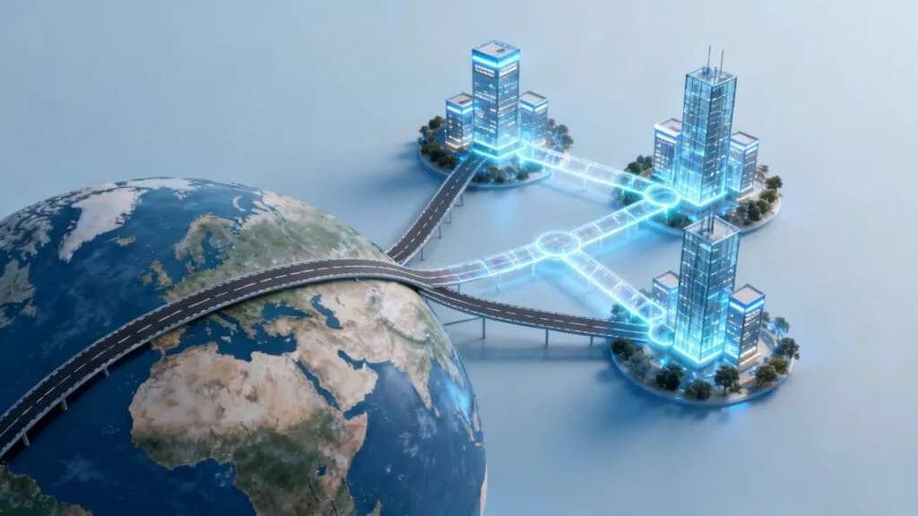 Conectivitate globală și cities inteligente cu transfer de date prin rețele digitale de la glob la edificii futuriste