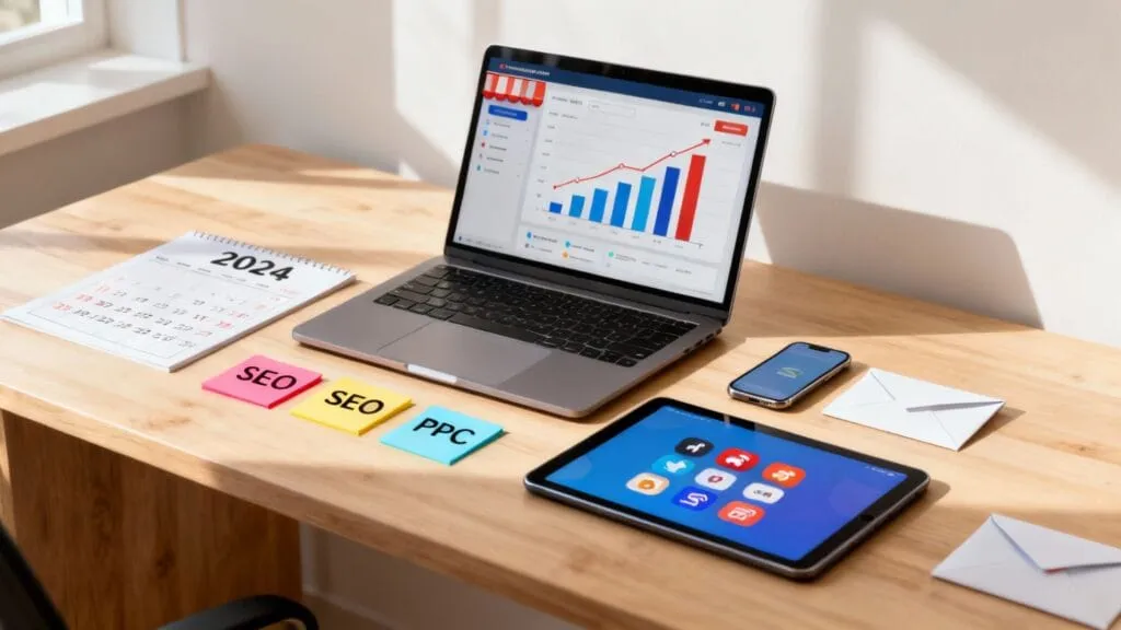Birou modern cu laptop afișând grafice analytics, tablet cu app-uri, smartphone și notițe SEO, PPC pe masă din lemn