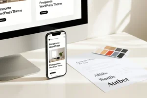 O persoană care personalizează designul unui site WordPress pe un laptop, cu palete de culori și fonturi vizibile.