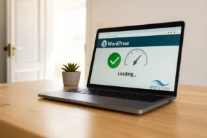 Firmă de hosting în București - Servicii Profesionale de Găzduire - BTS Telecom | Ghid complet pentru optimizare site WordPress O persoană care lucrează la un laptop, simbolizând procesul de optimizare a unui site WordPress