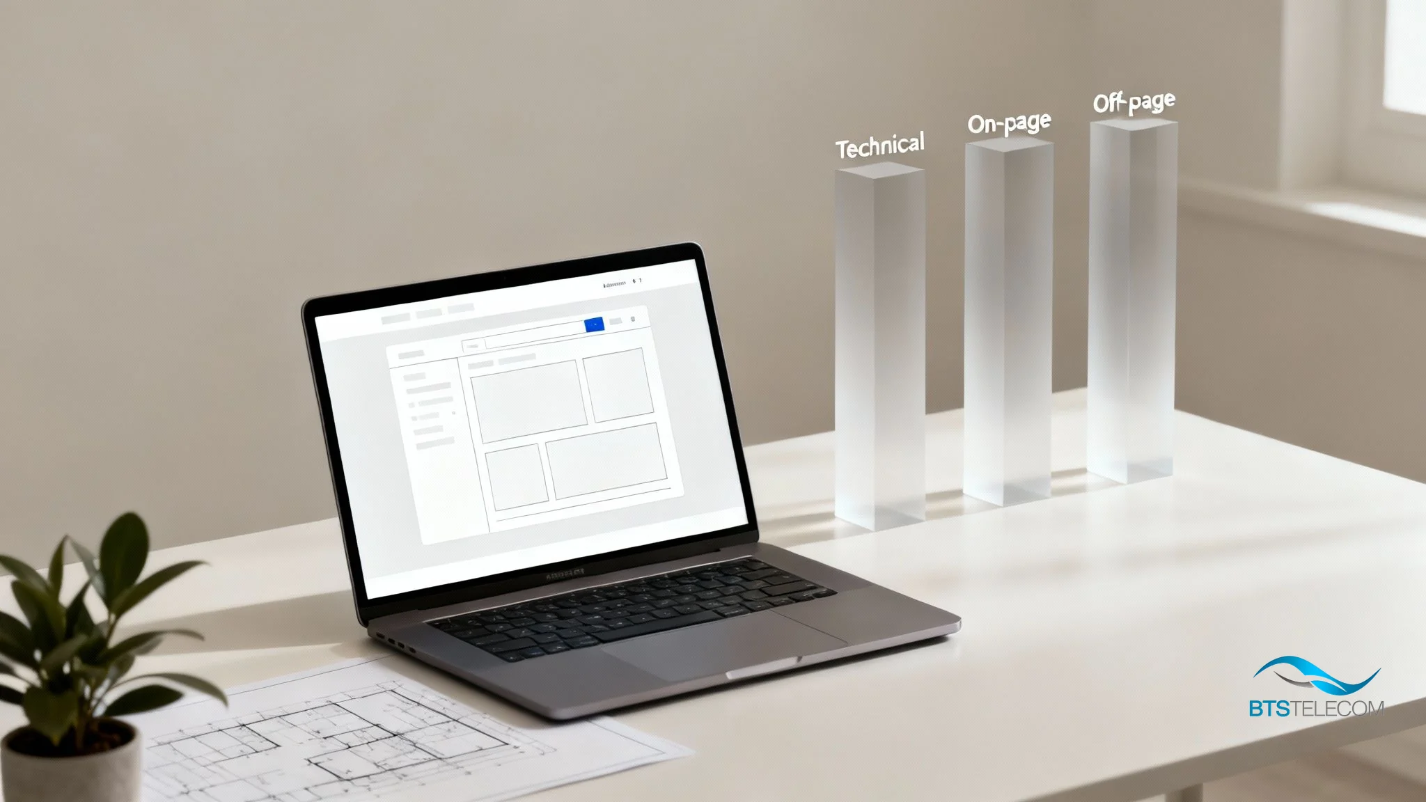 Firmă de hosting în București - Servicii Profesionale de Găzduire - BTS Telecom | Ghid practic de SEO optimizare site Imagine conceptuală cu rotițe mecanice și iconițe SEO, ilustrând procesul de optimizare
