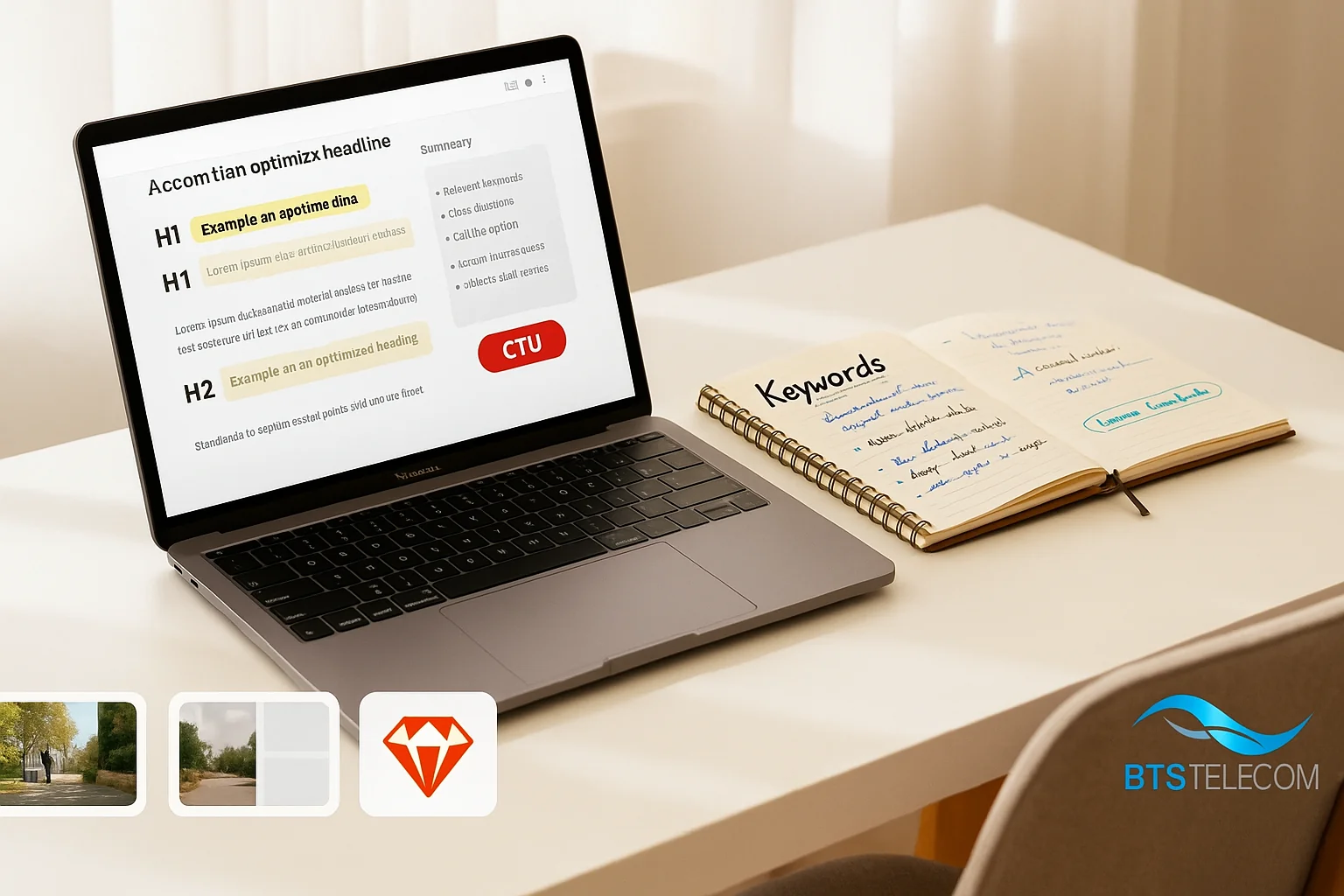 Firmă de hosting în București - Servicii Profesionale de Găzduire - BTS Telecom | Ghid practic de SEO optimizare site Birou luminos cu laptop deschis și caiet cu notițe SEO clare despre Keyword Research, Content Structure și Backlinks.