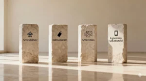 Patru stâlpi de piatră ilustrând pilonii SEO tehnic: crawlability, indexability, arhitectură și experiență utilizator