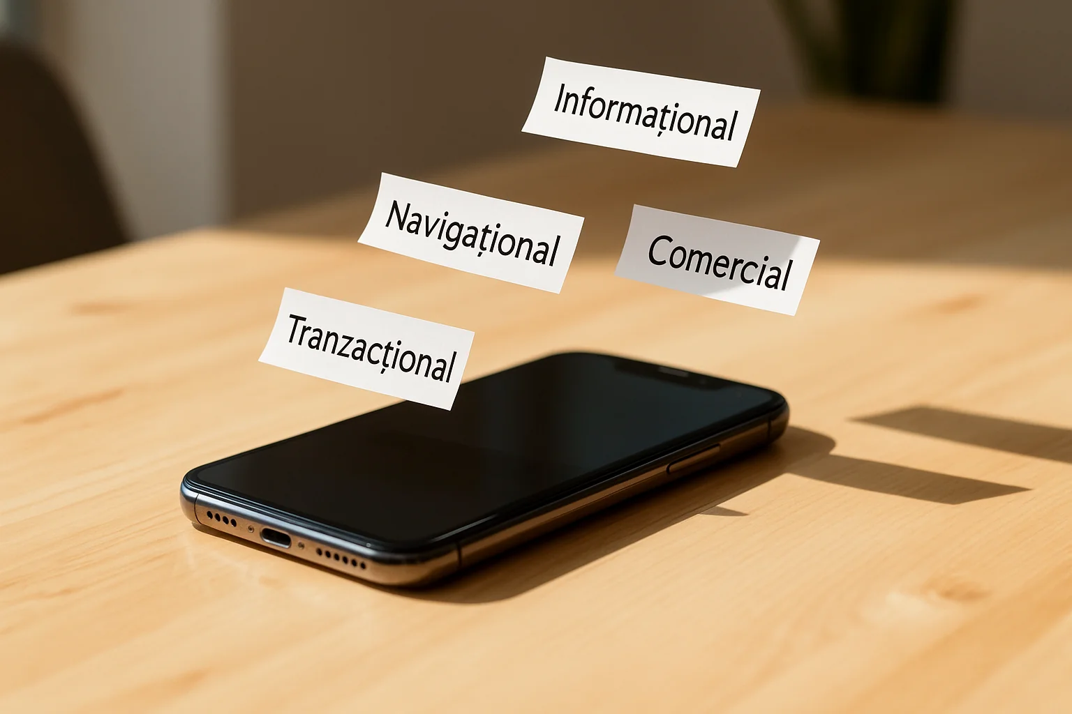 O lupă ce examinează o bară de căutare, simbolizând analiza intenției din spatele cuvintelor cheie.